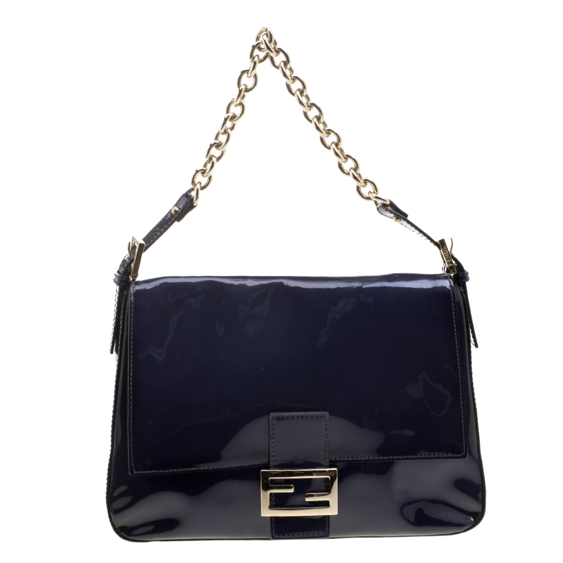 Pre Owned Fendi Navy Blue Patent Leather Mama Forever Shoulder Bag