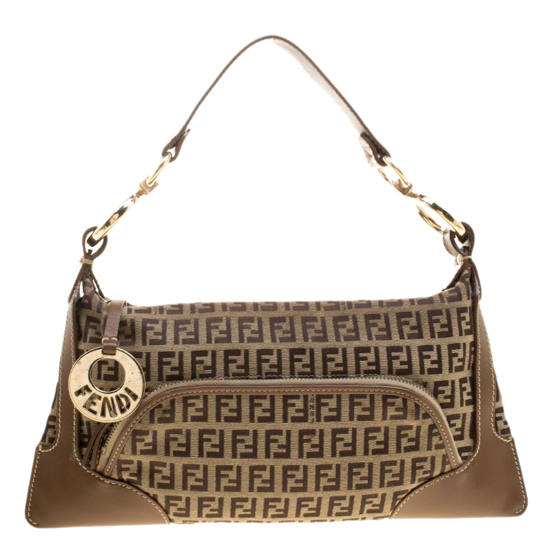 Pre Owned Fendi Brown Zucchino Canvas and Leather Front Pocket Shoulder Bag