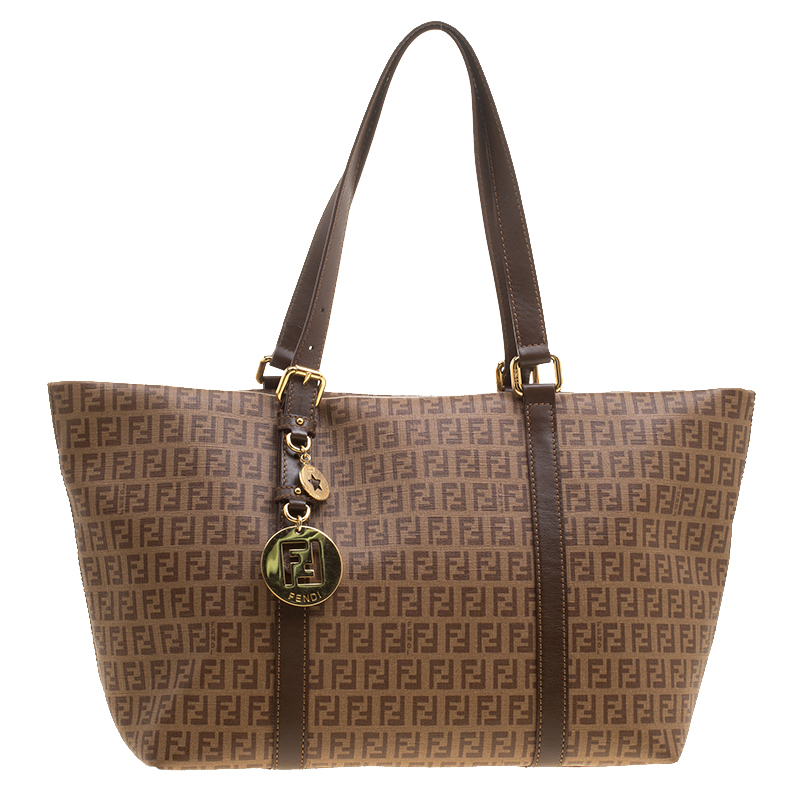Pre Owned Fendi Brown Zucchino Coated Canvas Superstar Shopping Tote
