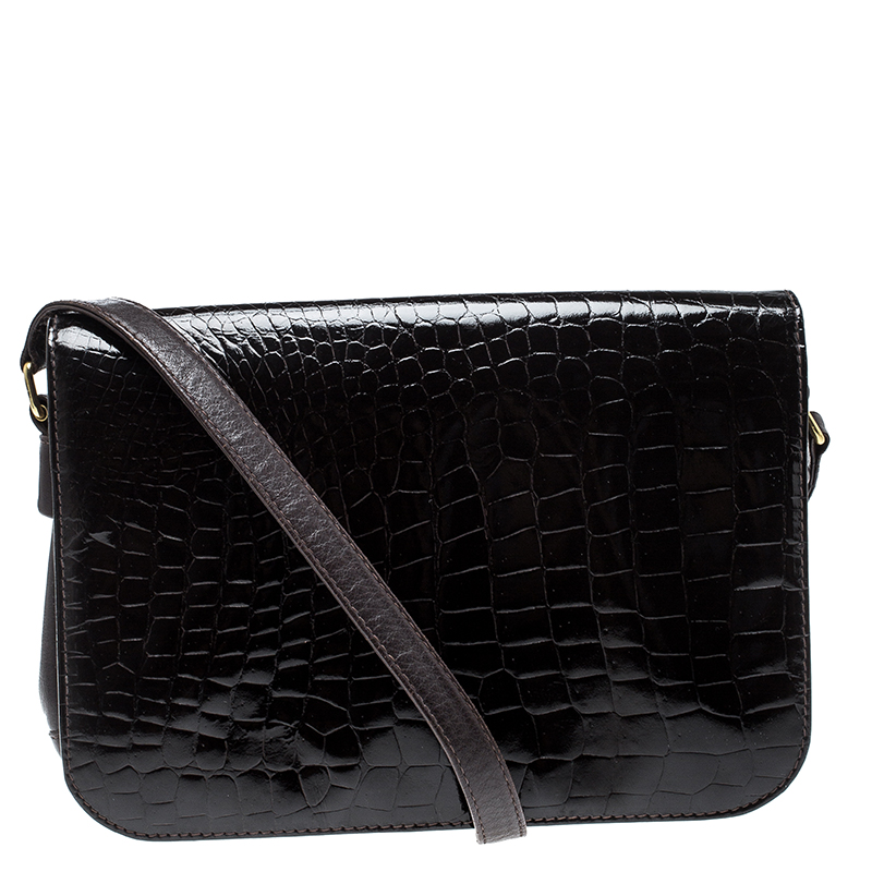 Fendi Dark Brown Crocodile and Leather Vintage Flap Shoulder Bag