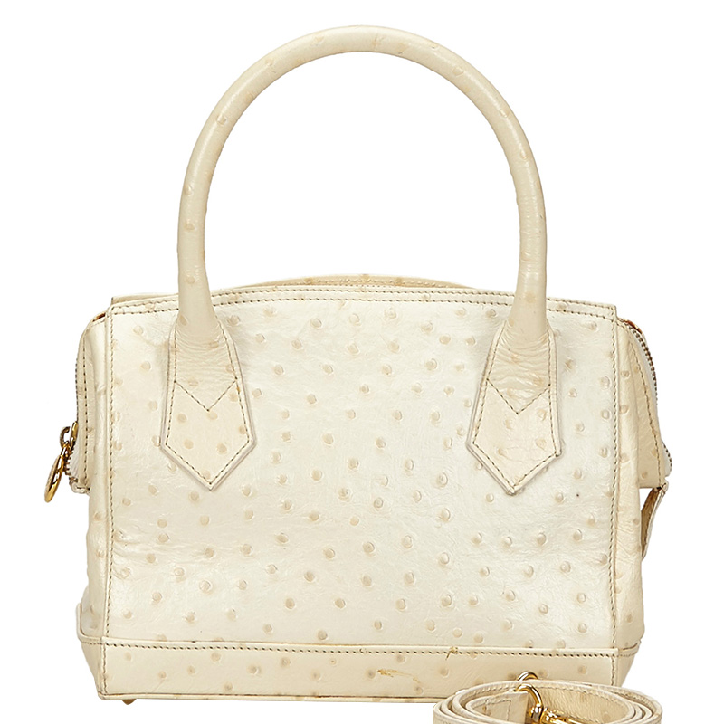 Pre Owned Fendi Ivory Ostrich Embossed Leather Satchel Bag