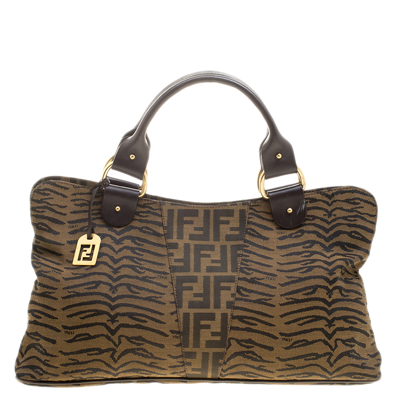 Pre Owned Fendi Tobacco Zucca Zebra Print Canvas Shopper Tote