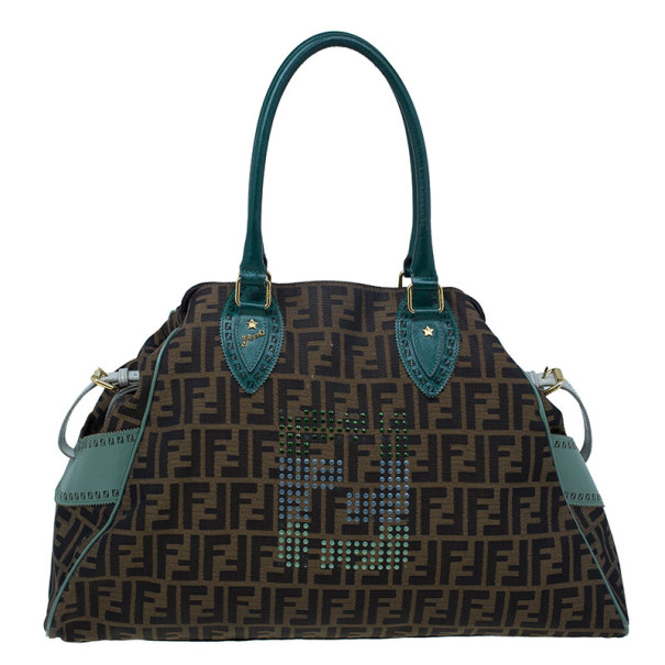 Pre Owned Fendi Tobacco Zucca and Green Trim Large Studded Du Jour Tote