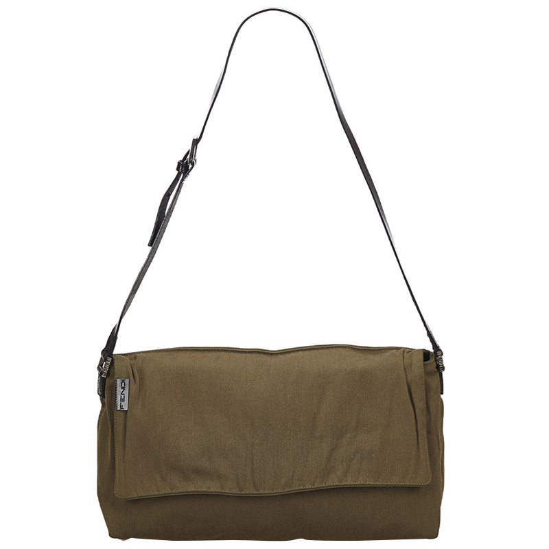 Pre Owned Fendi Khaki Canvas Flap Shoulder Bag