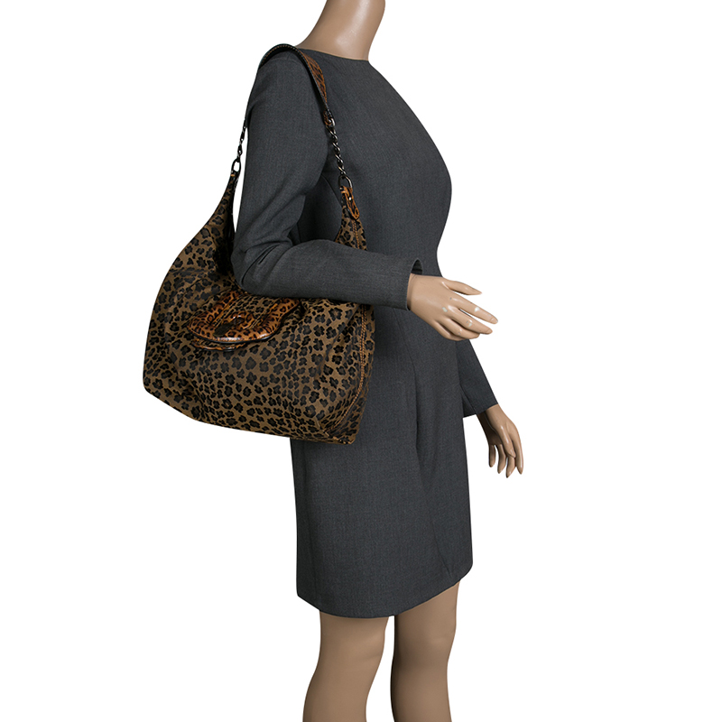 

Fendi Brown/Black Leopard Print Canvas B Buckle Hobo