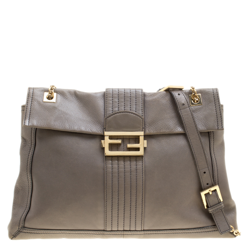 Fendi Grey Leather Maxi Baguette Flap Shoulder Bag