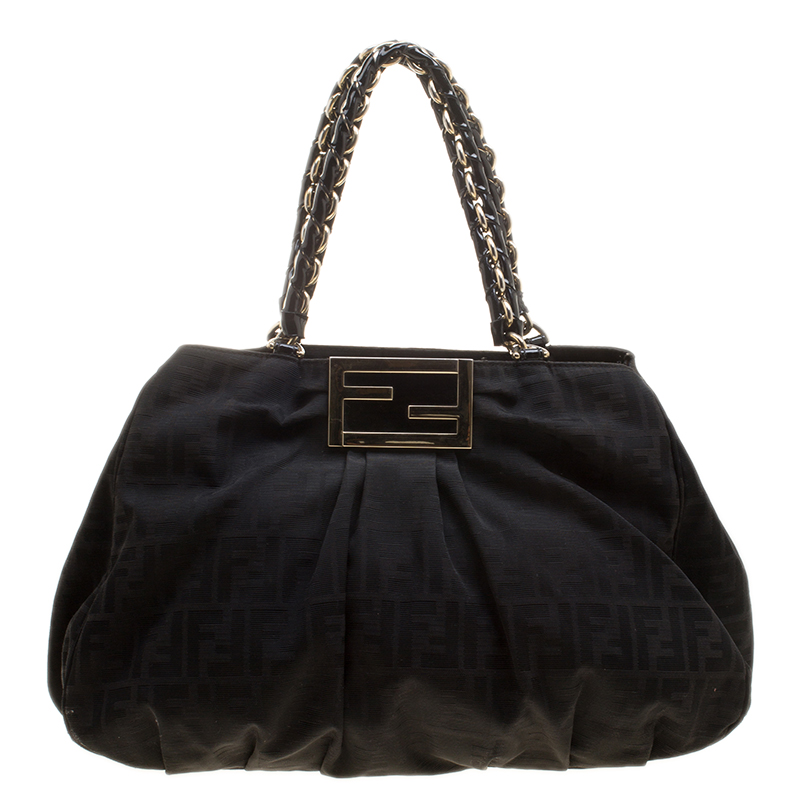 Pre Owned Fendi Black Zucca Canvas Large Mia Tote