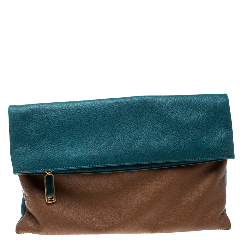 Pre Owned Fendi Brown/Green Leather Foldover Clutch