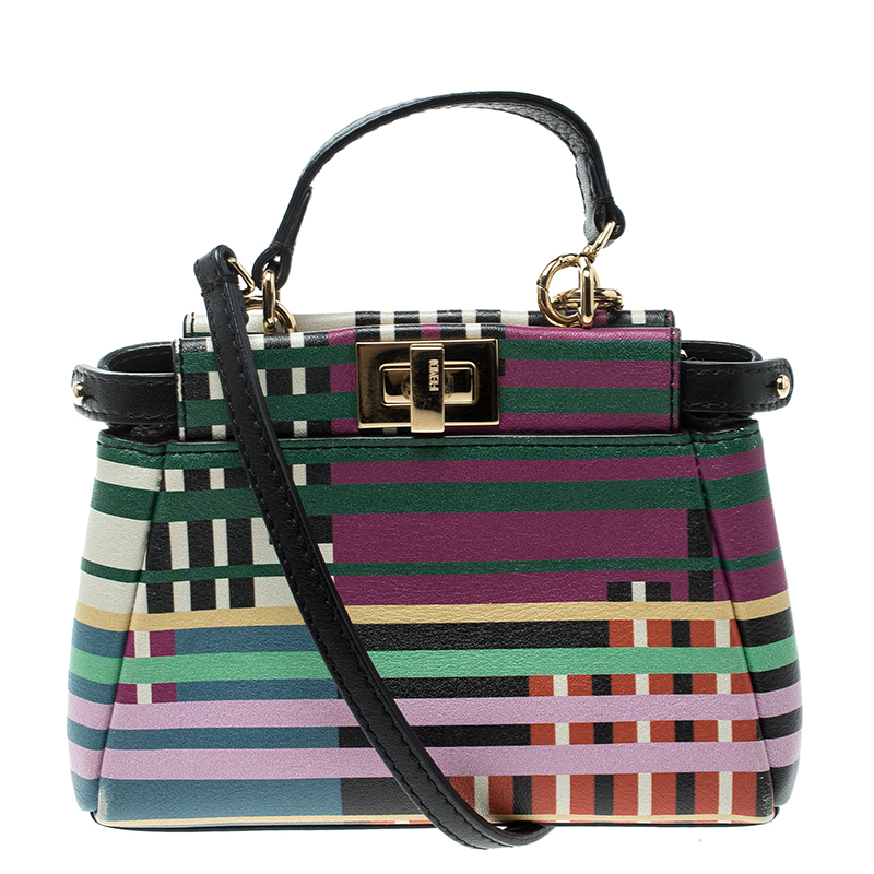 Pre Owned Fendi Multicolor Stripe Print Leather Micro Peekaboo Bag