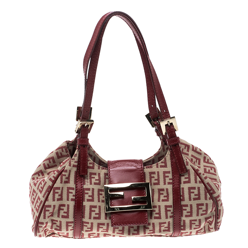Pre Owned Fendi Beige/Red Zucchino Canvas and Leather Satchel