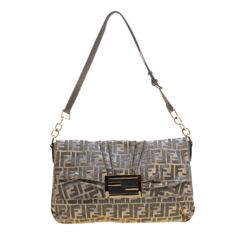 Pre Owned Fendi Metallic Zucca Canvas New Forever Flap Shoulder Bag