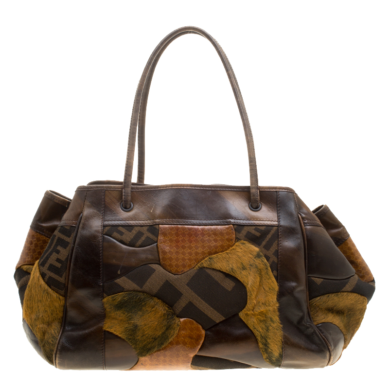 Pre Owned Fendi Brown Zucca Canvas and Leather Patchwork Satchel