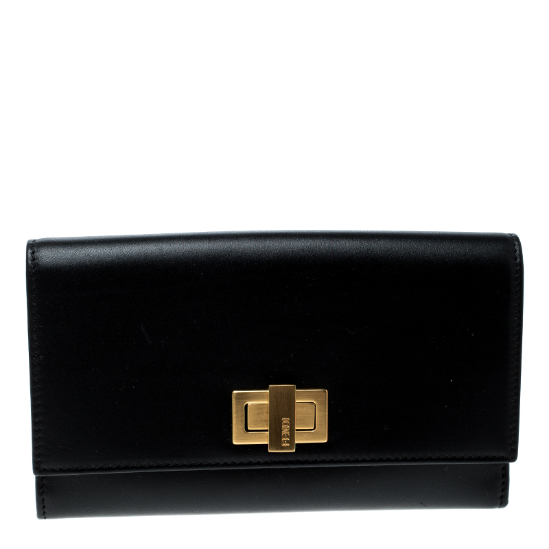 Pre Owned Fendi Black Leather Peekaboo Long Wallet