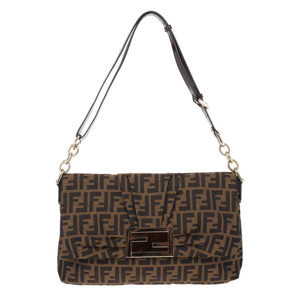 Pre Owned Fendi Brown Logo Jacquard Mia Zucca Flap Bag