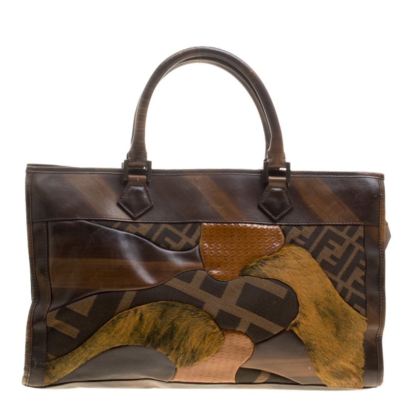 Fendi Brown Zucca Canvas and Leather Patchwork Tote