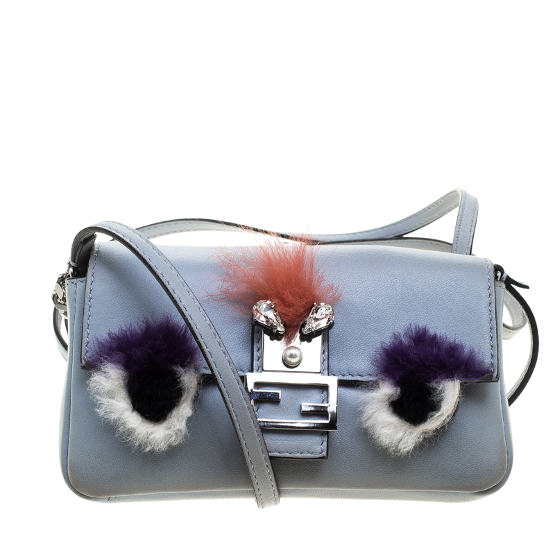 Fendi Light Blue Leather and Fur Trim Micro Baguette Shoulder Bag Fendi ...