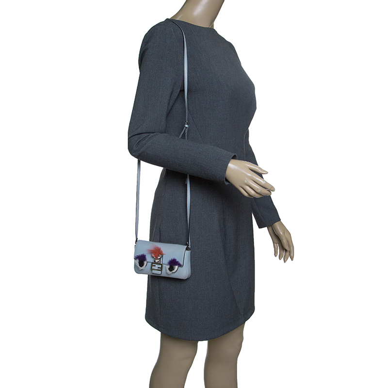 

Fendi Light Blue Leather and Fur Trim Micro Baguette Shoulder Bag