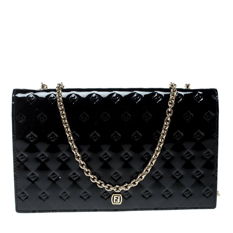 Pre Owned Fendi Black Patent Leather Fendilicious Wallet On Chain