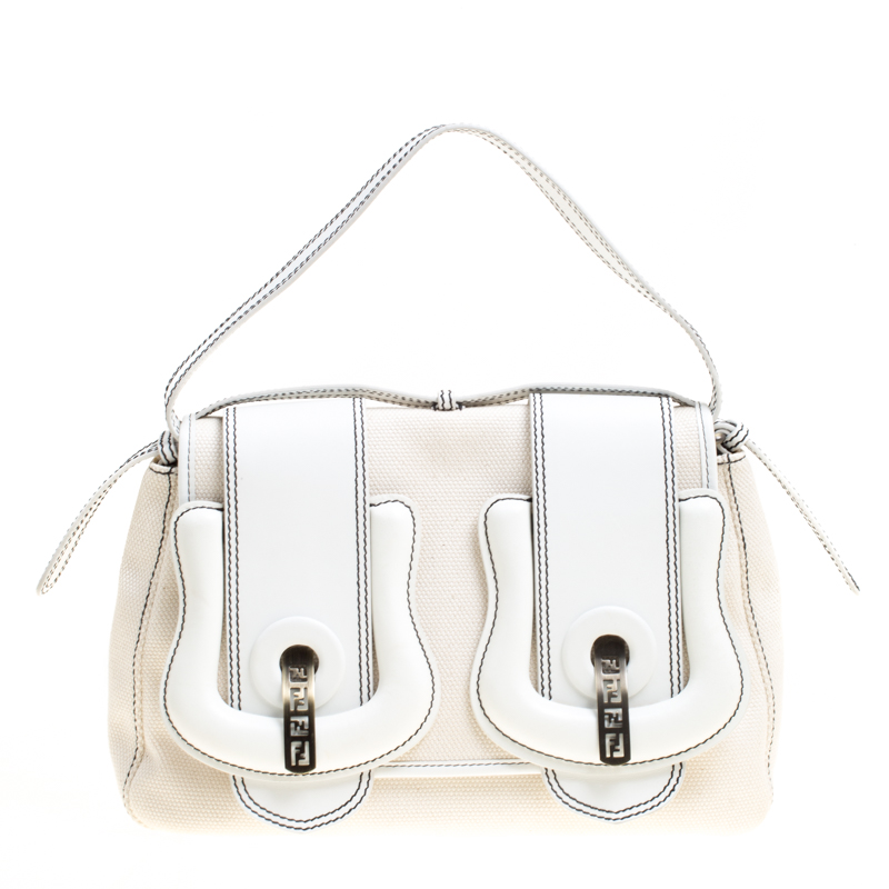Fendi Beige/White Canvas and Leather B Shoulder Bag