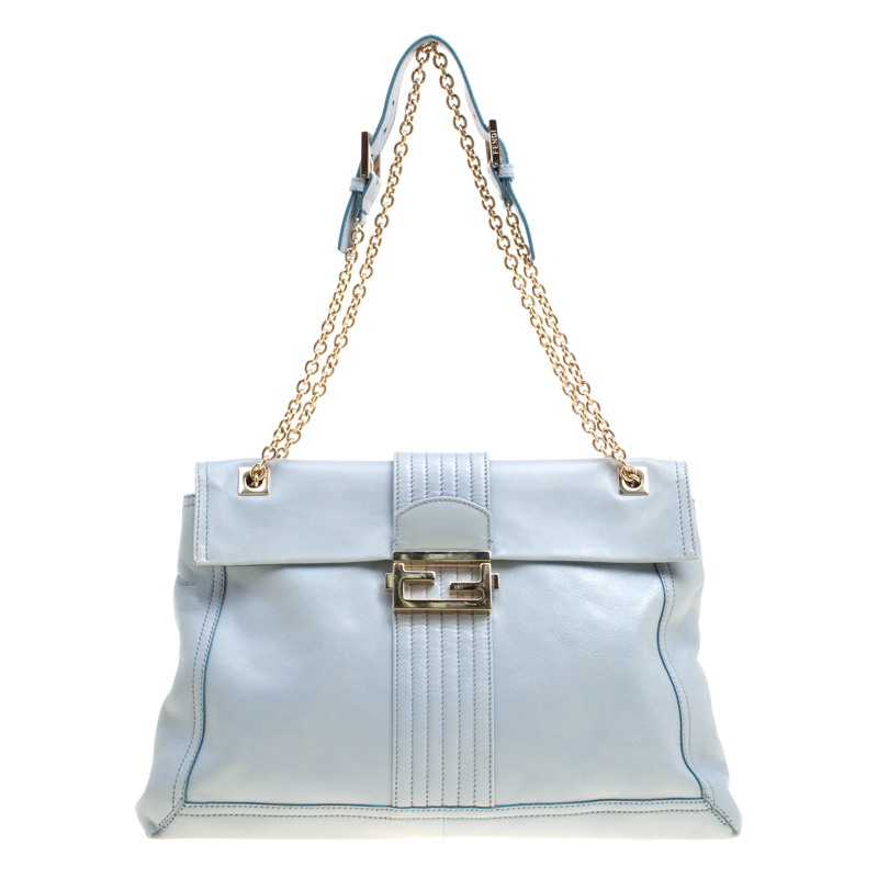 Pre Owned Fendi Tale Blue Leather Maxi Baguette Flap Shoulder Bag