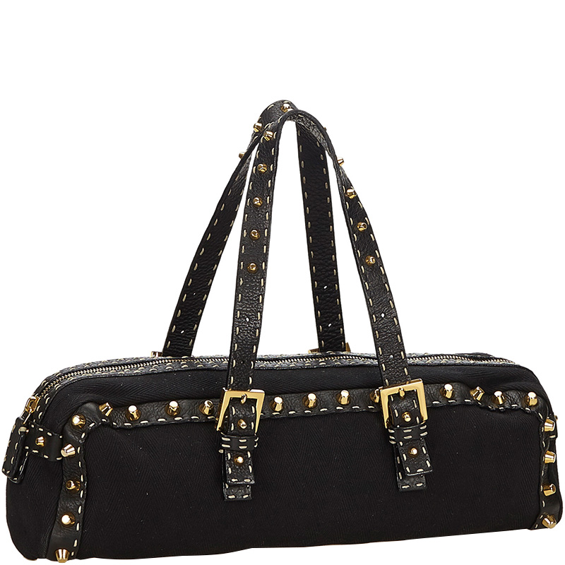 

Fendi Black Studded Cotton Selleria Shoulder Bag