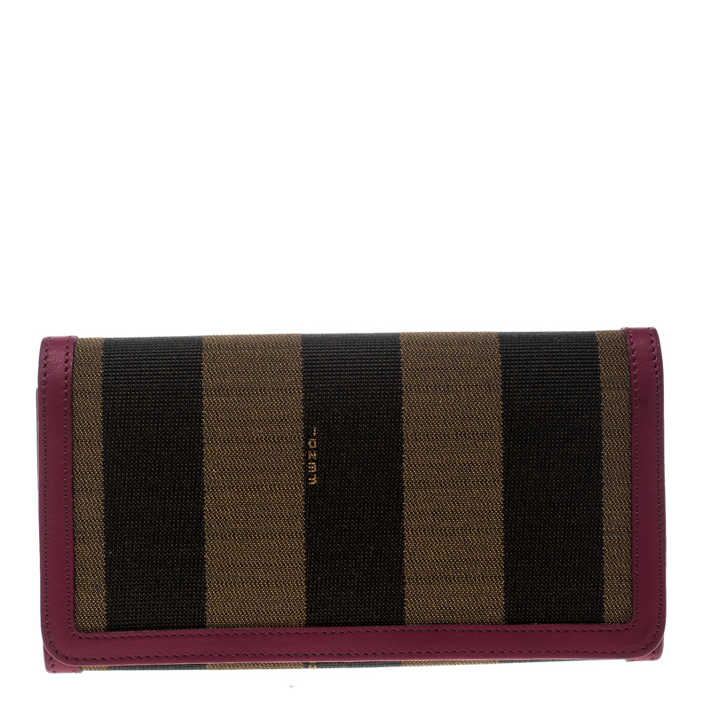 Pre Owned Fendi Brown/Burgundy Pequin Canvas and Leather Continental Wallet