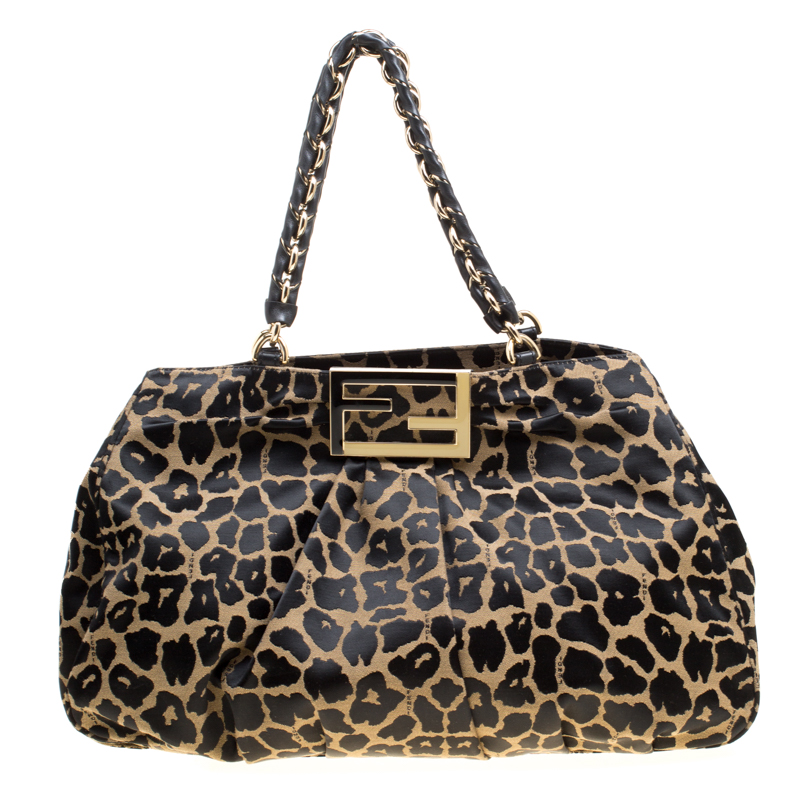 Pre Owned Fendi Black/Brown Leopard Print Canvas Large Mia Tote