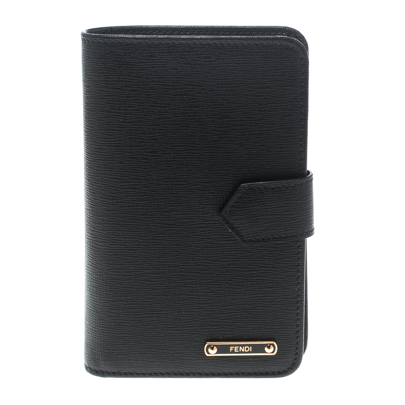 Pre Owned Fendi Black Leather Compact Zip Wallet