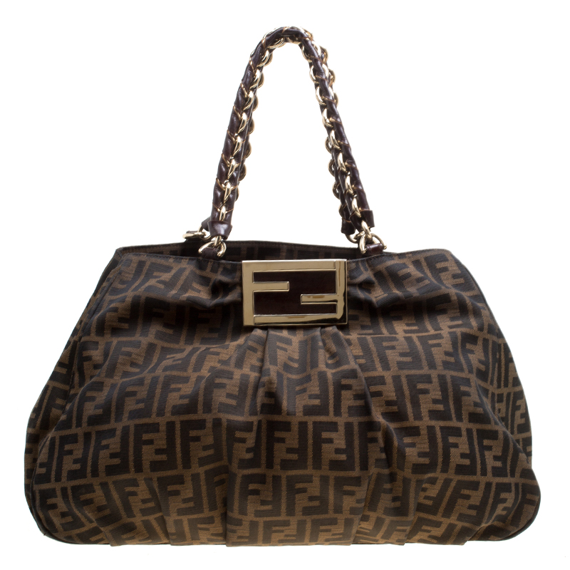 Pre Owned Fendi Tobacco Zucca Canvas Large Mia Tote