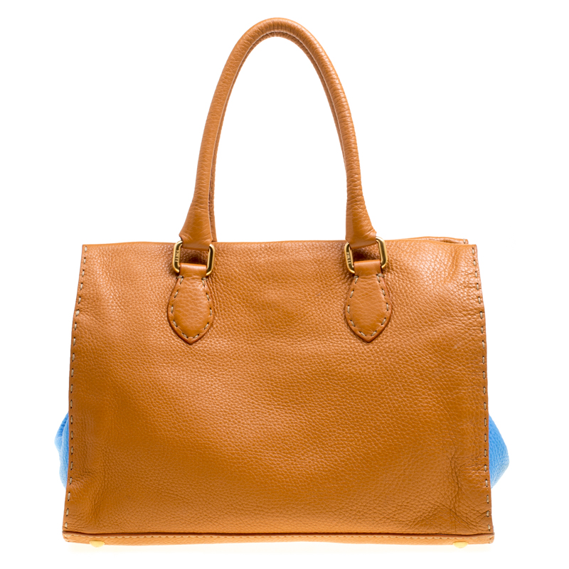 Pre Owned Fendi Brown/Blue Selleria Leather Firenze Frame Tote