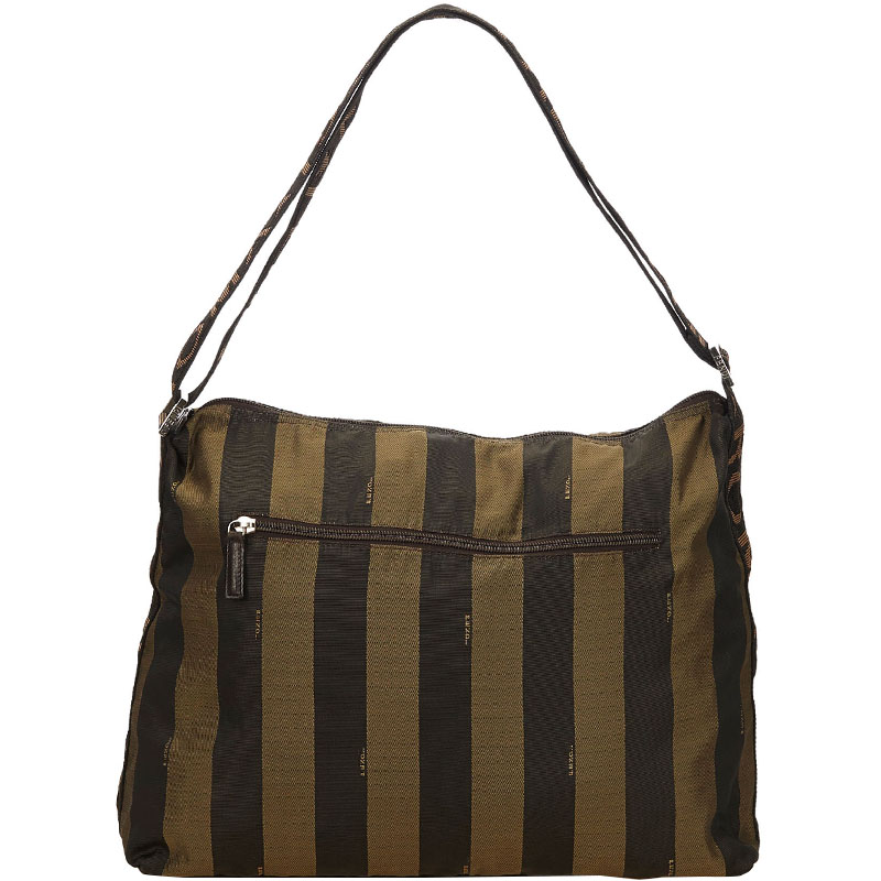 Pre Owned Fendi Tobacco Pequin Stripe Canvas Shoulder Bag