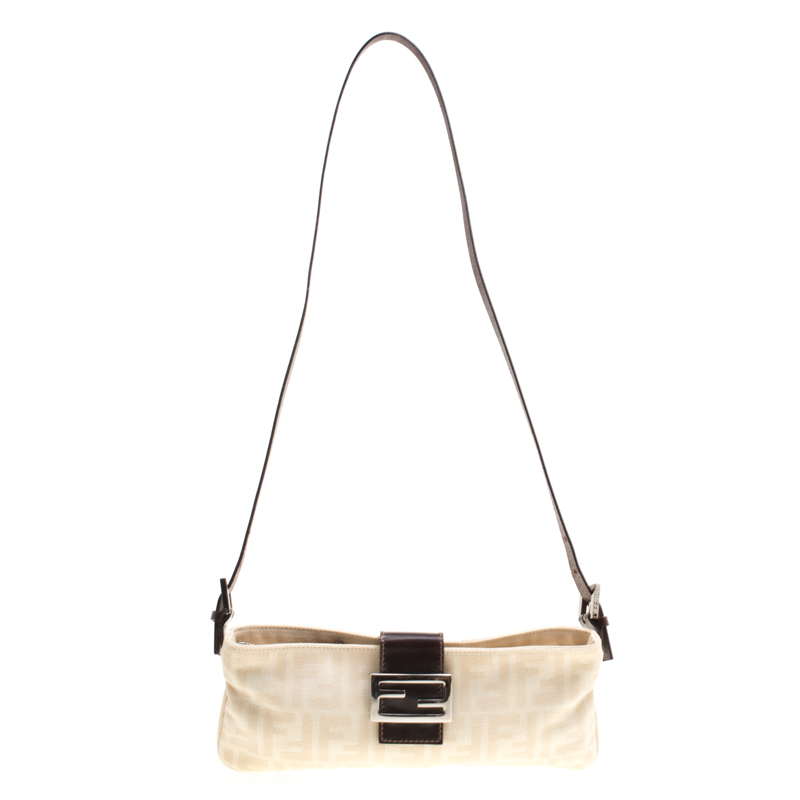 Pre Owned Fendi Off White/Brown Zucca Canvas and Leather Shoulder Bag