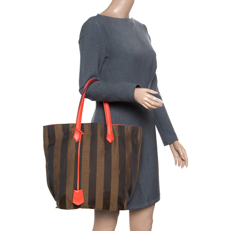 

Fendi Tobacco/Coral Red Pequin Striped Canvas and Leather Tote, Brown