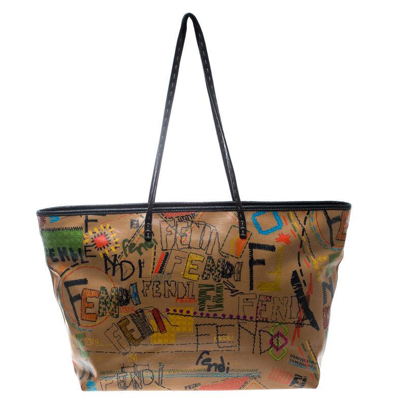 Pre Owned Fendi Brown/Multicolor Graffiti Print Coated Canvas Roll Tote