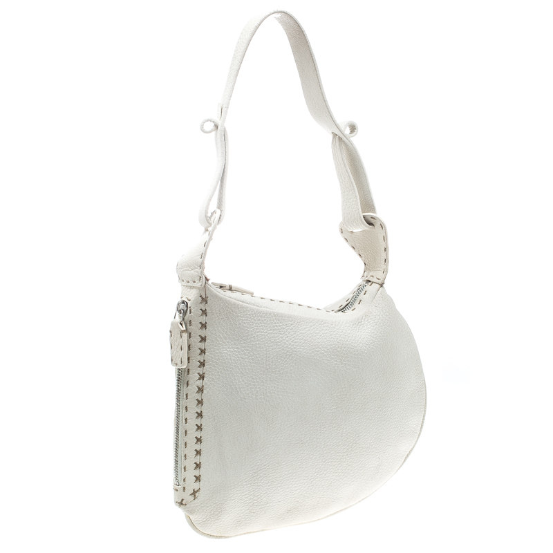 Pre-owned Fendi Ivory Selleria Leather Small Oyster Hobo In White