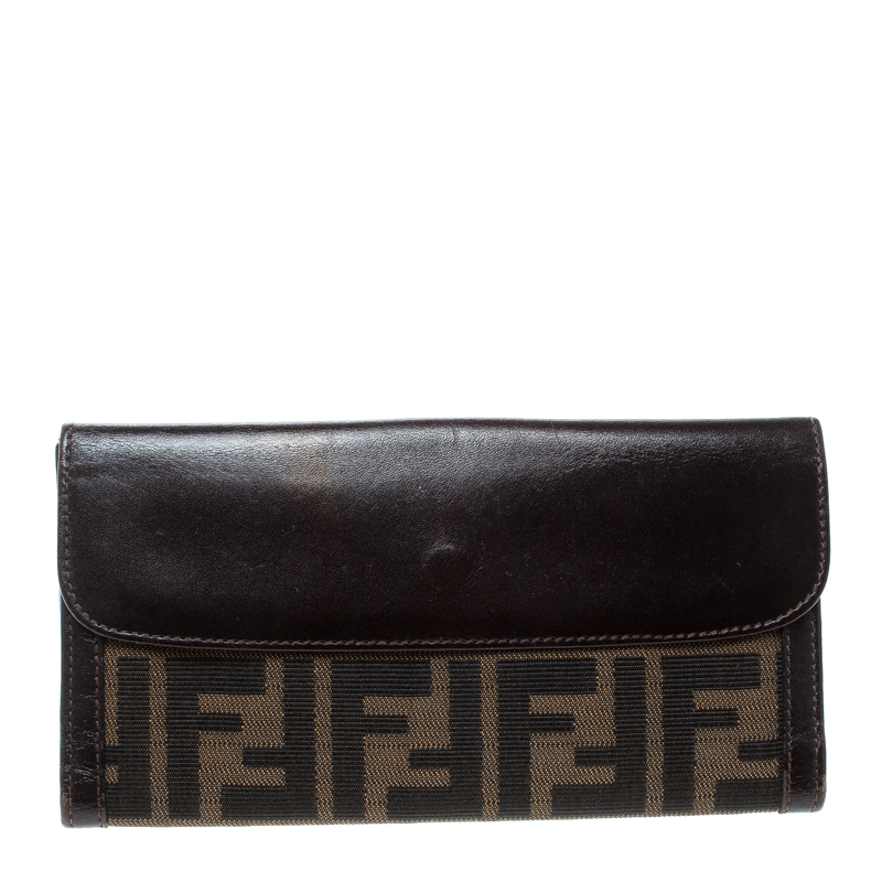 Pre Owned Fendi Brown Zucca Canvas and Leather Continental Wallet