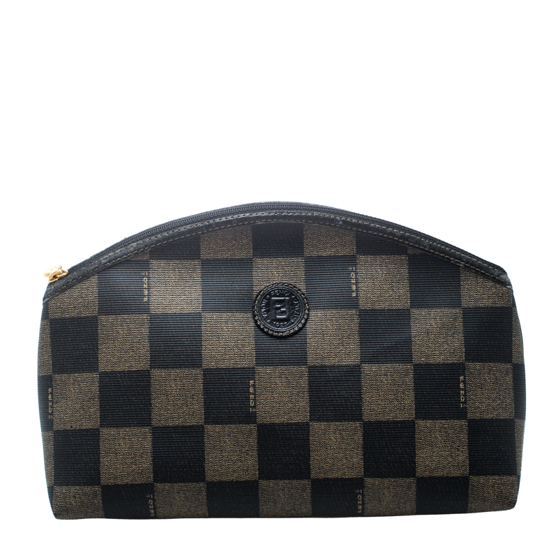 Fendi Brown/Black Check Print Coated Canvas Pouch