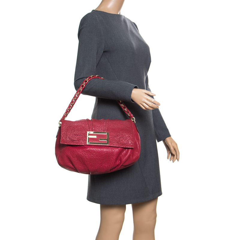 

Fendi Red Textured Leather Mia Flap Shoulder Bag