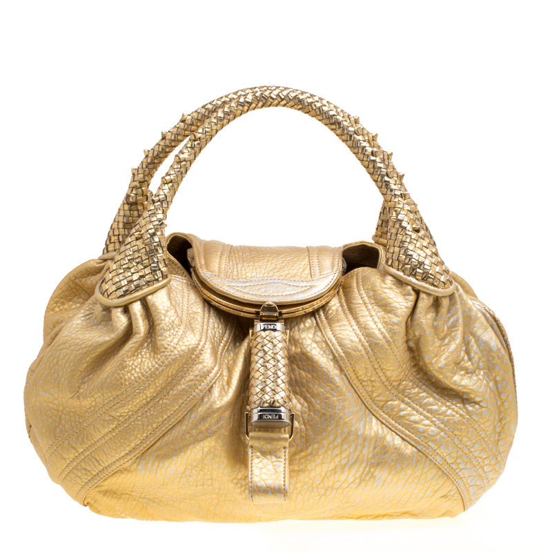 Pre Owned Fendi Gold Holographic Textured Leather Spy Bag
