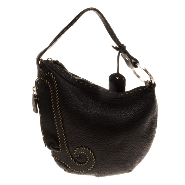 Pre Owned Fendi Limited Edition Black Leather Small Wave Hobo