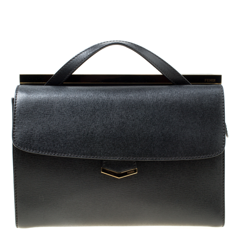 Pre Owned Fendi Black Textured Leather Small Demi Jour Top Handle Bag