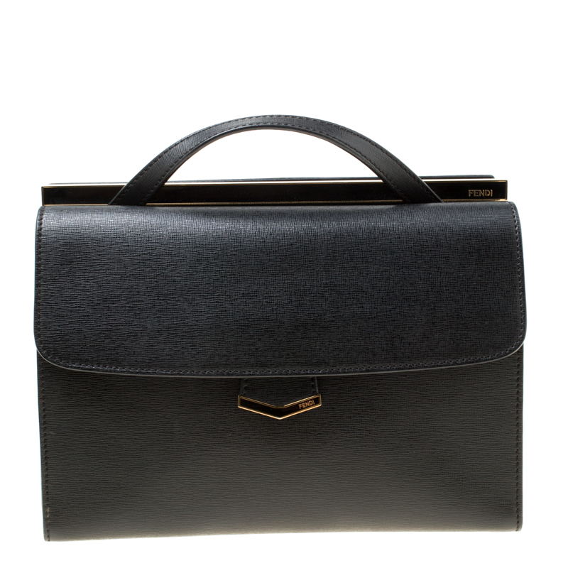 Pre Owned Fendi Black Textured Leather Small Demi Jour Top Handle Bag