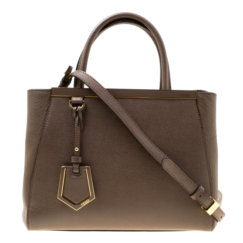 Pre Owned Fendi Dark Beige Saffiano Leather Small 2Jours Tote