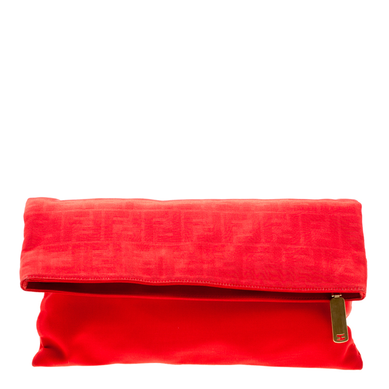 Pre Owned Fendi Red Zucca Fabric Fold Over Clutch