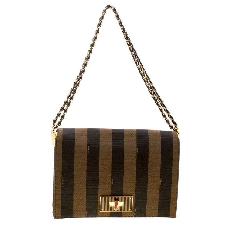 Pre Owned Fendi Tobacco Pequin Canvas Large Claudia Shoulder Bag