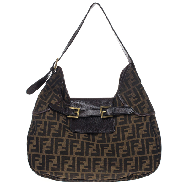 Pre Owned Fendi Tobacco Zucca Canvas Double Buckle Hobo Bag