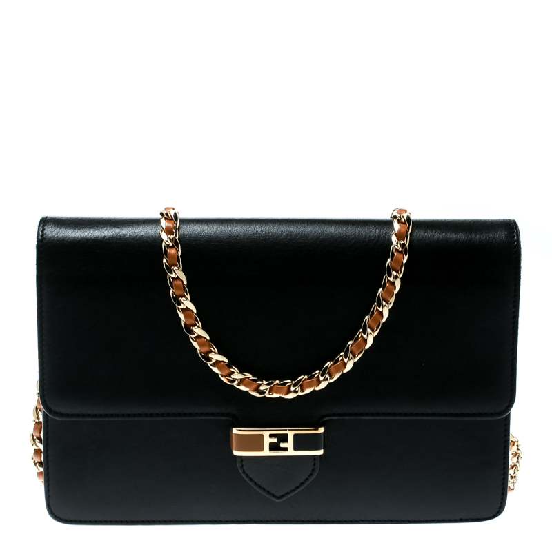 Pre Owned Fendi Black Leather Continental Wallet On Chain