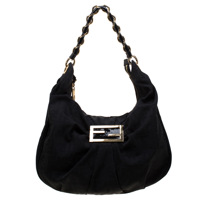 Pre Owned Fendi Black Zucca Canvas Mia Hobo