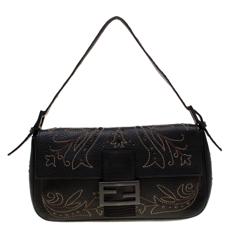 Pre Owned Fendi Dark Brown Embroidered Leather Mini Mama Shoulder Bag 