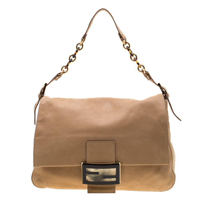 Pre Owned Fendi Beige Iridescent Leather Mama Forever Large Flap Shoulder Bag